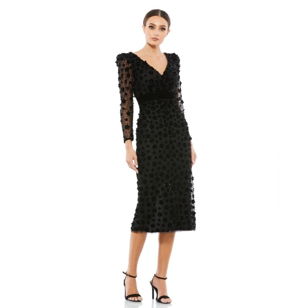 Mac Duggal 66856 NWT EMBELLISHED V NECK ILLUSION LONG SLEEVE COLUMN MIDI